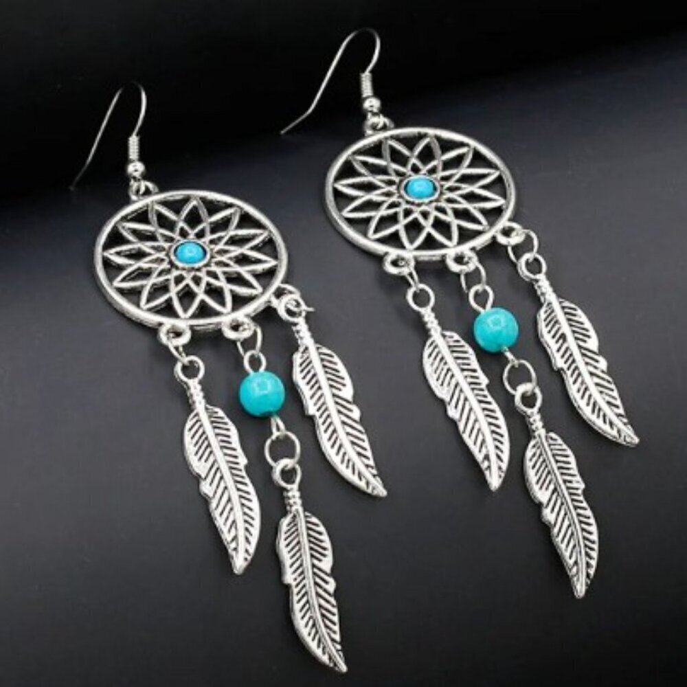 Feather Dream Catcher Silvertone Alloy Earrings with Turquoise Beads & Feathers